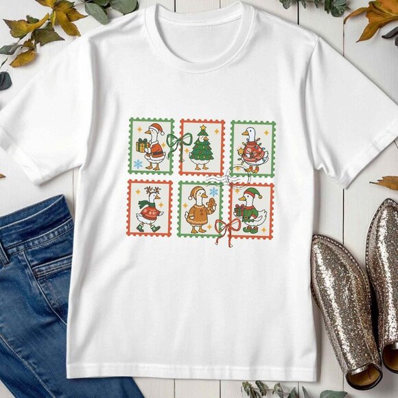 Silly Christmas Goose Stamp Style Graphic Tee Funny Holiday T-Shirt - Picture 2 of 4